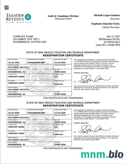 Certyfikat rejestracji USA w Nowym Meksyku w formacie Word i PDF